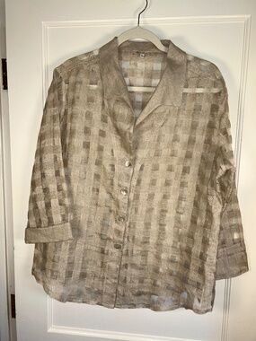 Puro Lino 100% Linen, Made In Italy, XL button down blouse sheer check Cruise